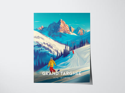 A vibrant poster depicts a snowboarder in a yellow jacket on snowy slopes with towering mountains and evergreen trees in the background, labeled Grand Targhee, Alta Wyoming.