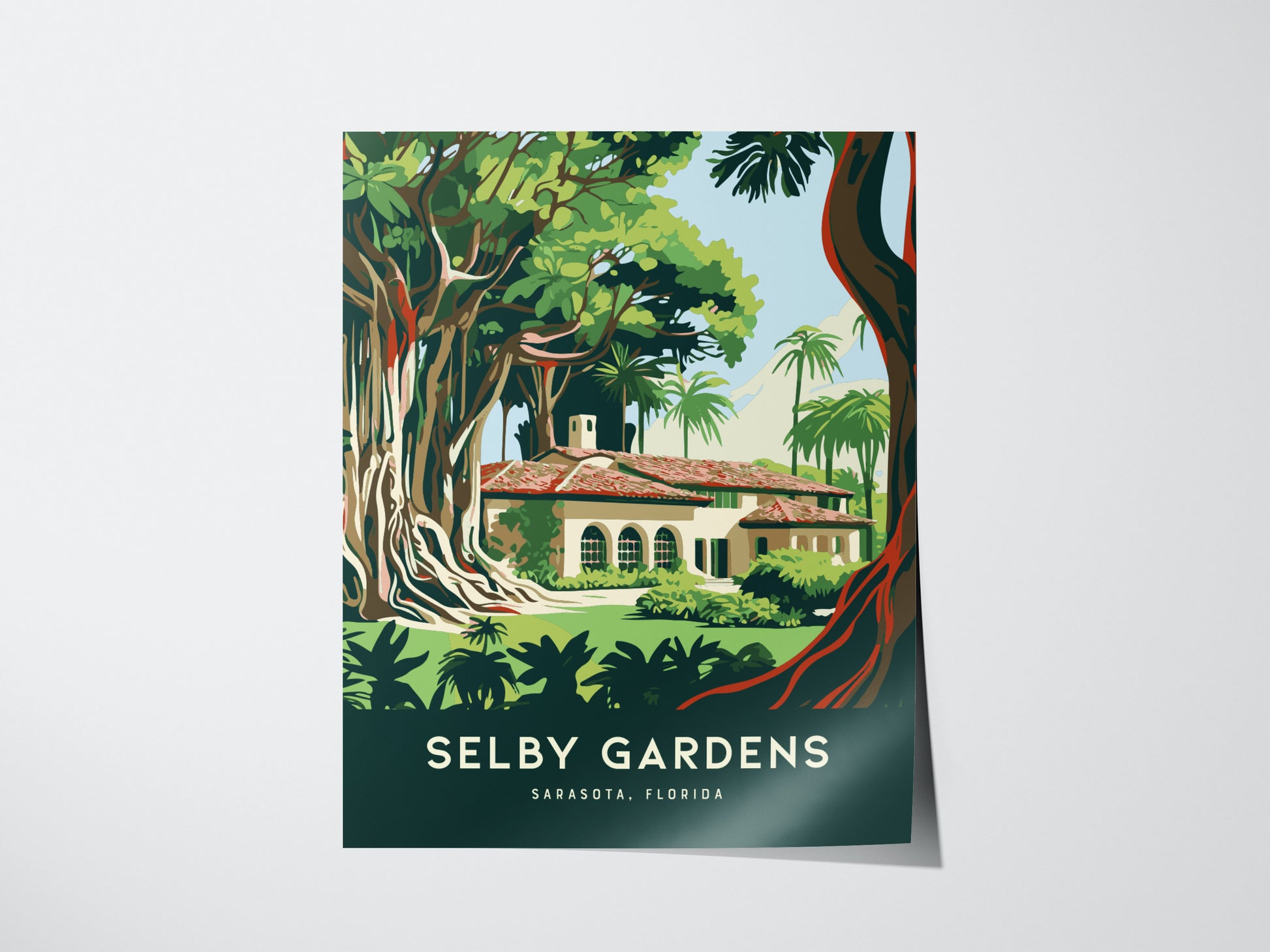 Illustration of Selby Gardens with a large, leafy tree in the foreground and a charming house with a red-tiled roof in the background under a clear sky.