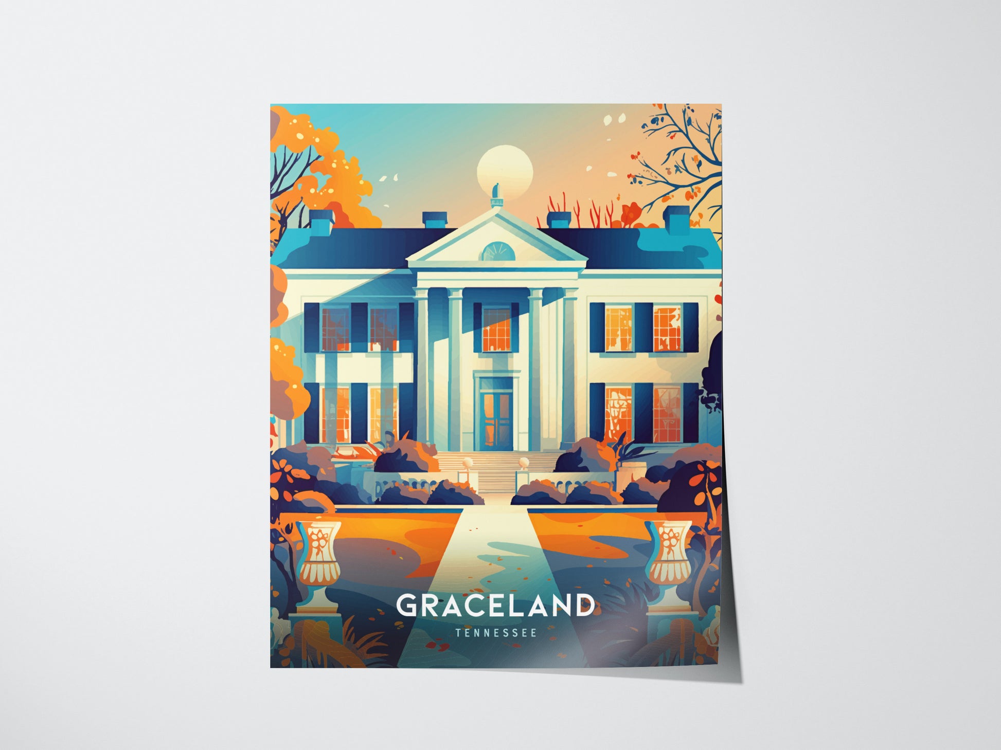Colorful illustration of Graceland mansion surrounded by autumn foliage, with a bright sky in the background. The text GRACELAND TENNESSEE is displayed at the bottom.
