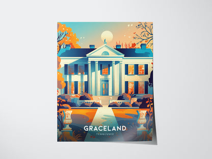 Colorful illustration of Graceland mansion surrounded by autumn foliage, with a bright sky in the background. The text GRACELAND TENNESSEE is displayed at the bottom.