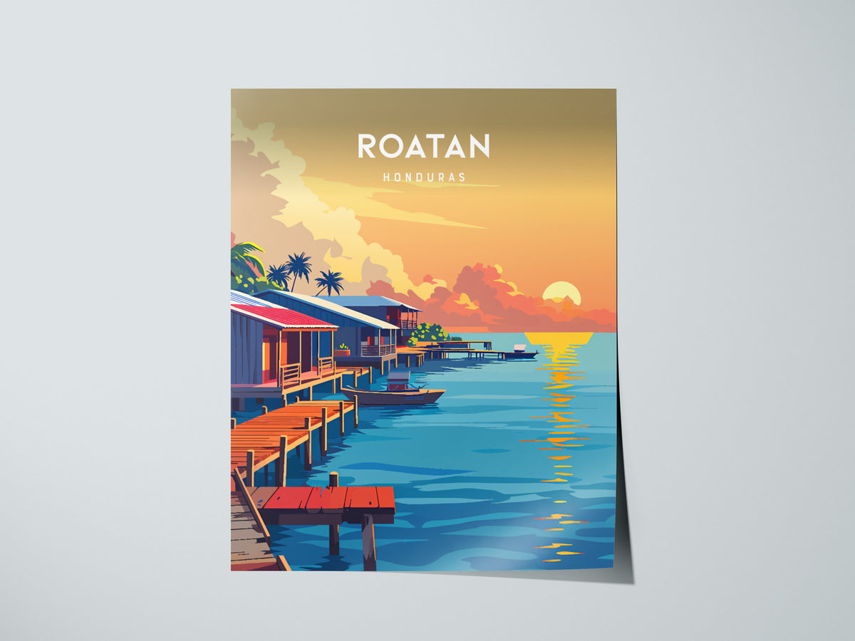 Roatan, Honduras Poster | Caribbean Island Coastal Beach Decor Wall Art — giclée print detail on matte paper