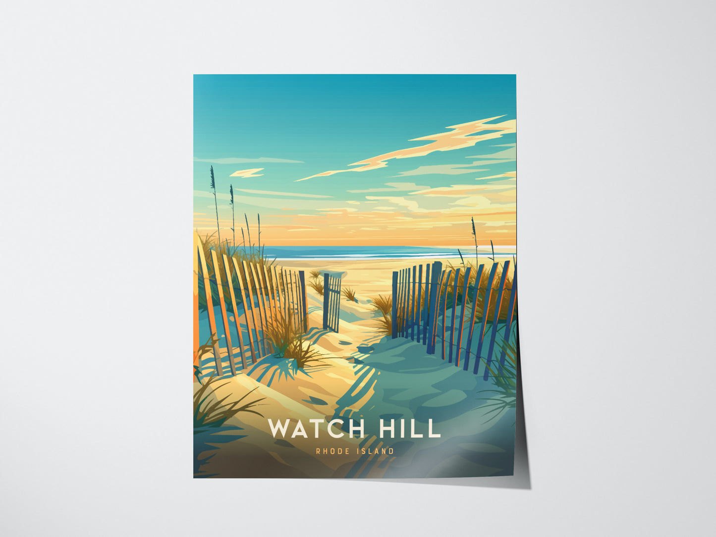 A colorful illustration of a sandy beach path leading to the ocean, bordered by wooden fences and grassy dunes under a vibrant sky. Text reads Watch Hill, Rhode Island.