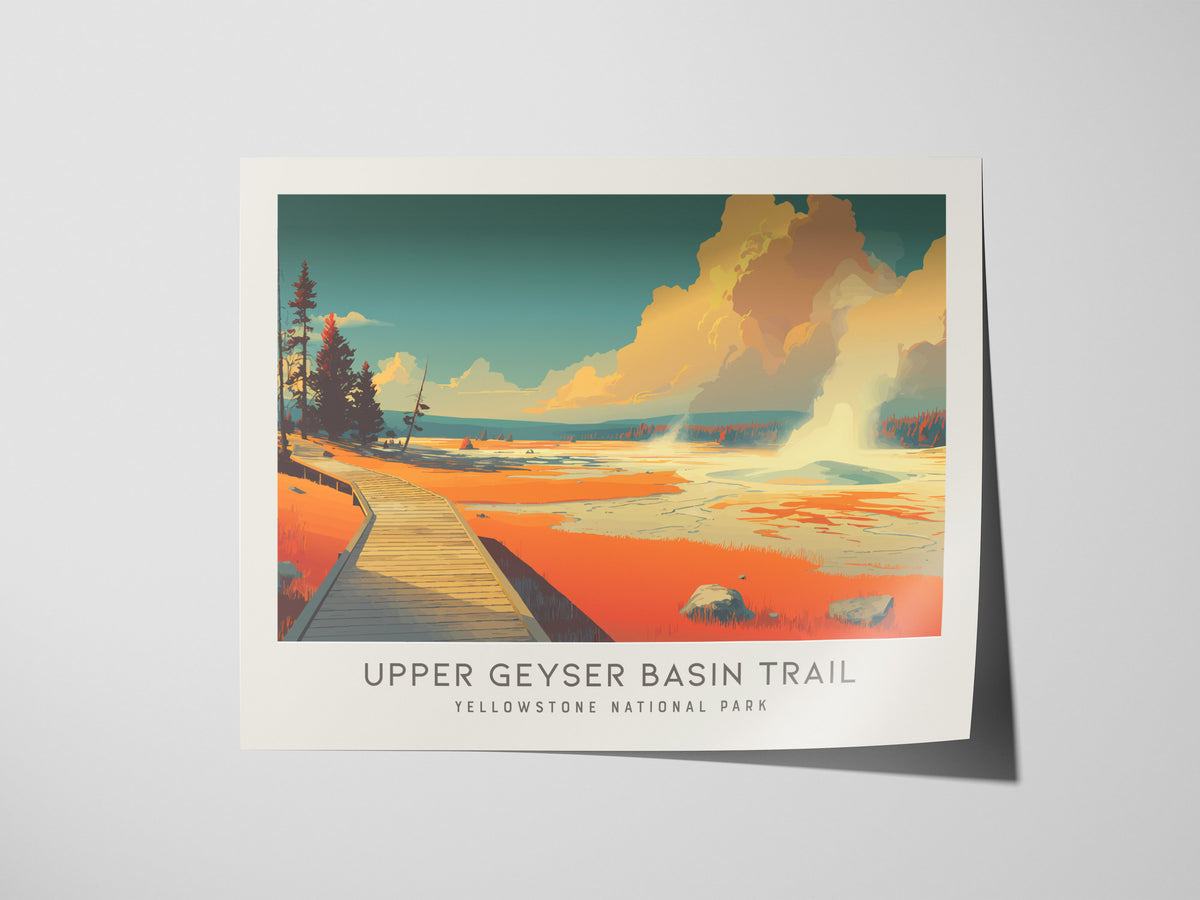 Upper Geyser Basin Trail Landscape Matte Border Poster | Yellowstone National Park Framed or Unframed Travel Gift — giclée pr