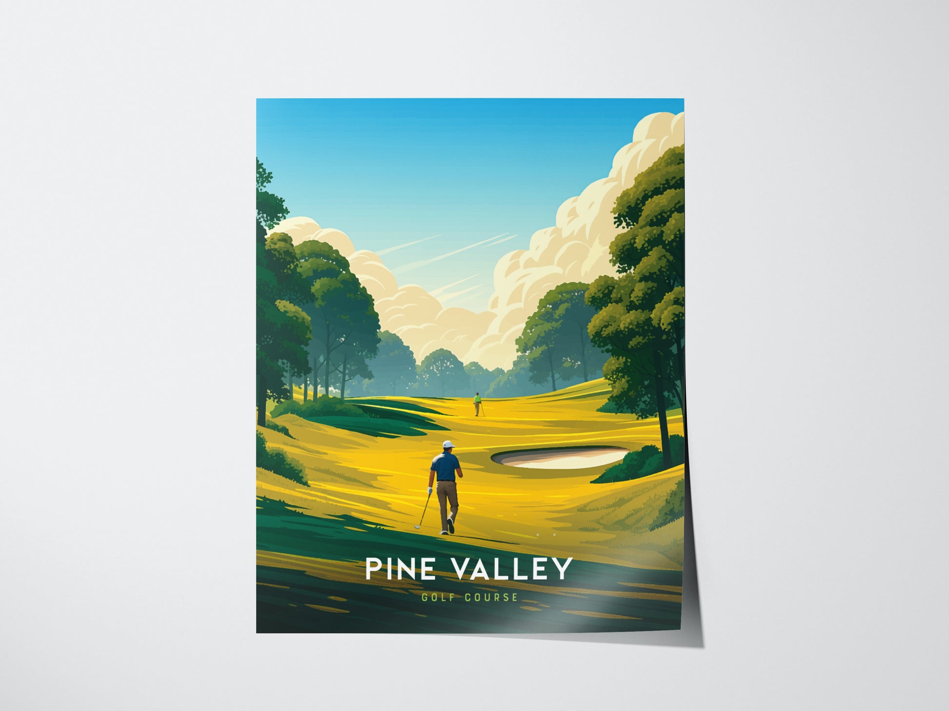 Illustrated poster of Pine Valley Golf Course featuring a golfer walking toward a sand trap, surrounded by lush greenery and a bright blue sky with clouds.