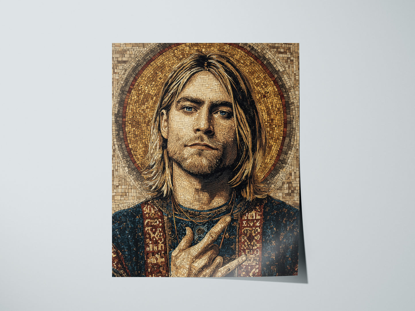 Mosaic portrait art of Kurt Cobain with long blond hair, golden halo, and rock gesture, showcasing Byzantine style and earthy tones.