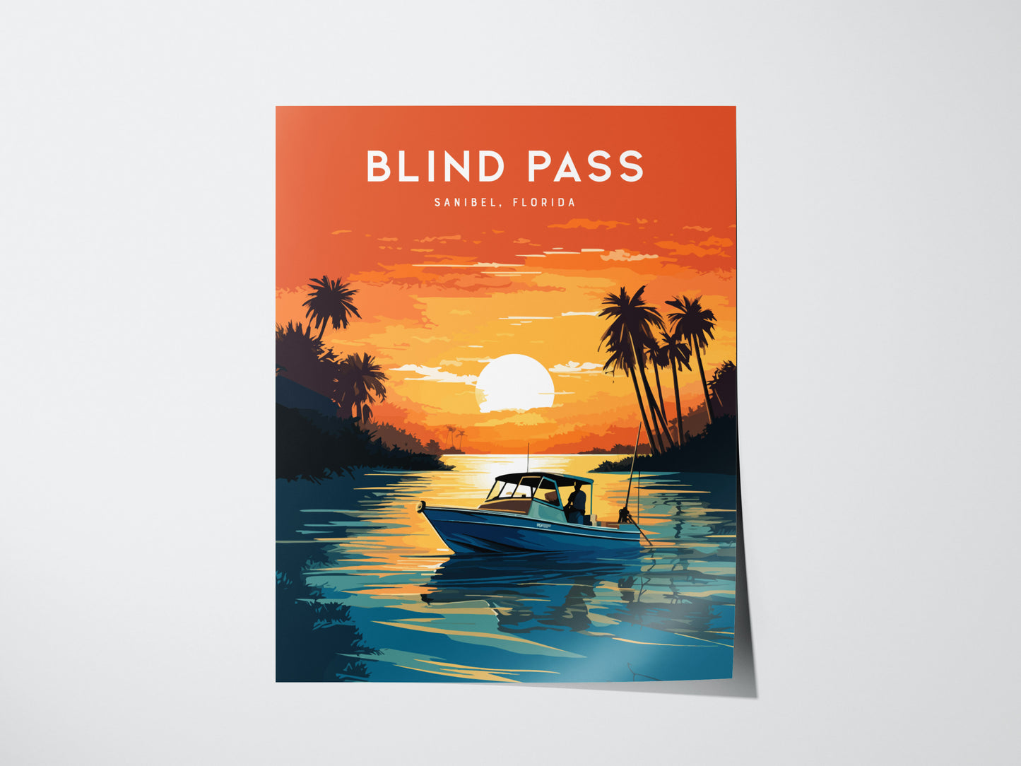 Vibrant poster of a sunset over water with a fisherman in a boat, surrounded by silhouetted palm trees, titled Blind Pass Sanibel, Florida. The scene captures serene coastal beauty.