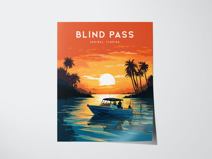 Vibrant poster of a sunset over water with a fisherman in a boat, surrounded by silhouetted palm trees, titled Blind Pass Sanibel, Florida. The scene captures serene coastal beauty.