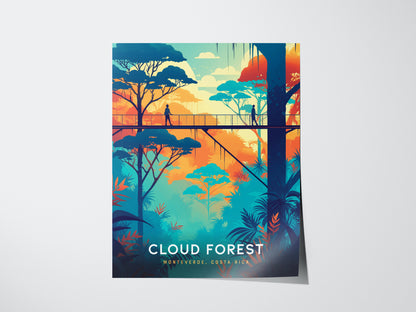 A vibrant poster of Costa Ricas Monteverde Cloud Forest shows a person on a canopy walkway surrounded by lush, colorful foliage and trees under a bright sky.