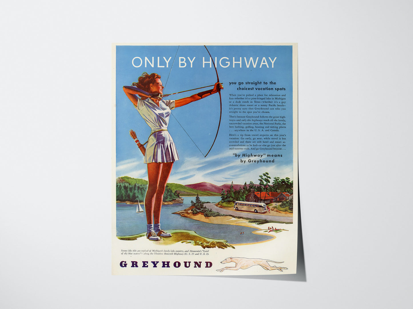 Vintage Greyhound Bus Travel Poster – Retro Highway Ad Print, 1900s Americana Art, Available Framed/Unframed, Mid-Century Wall Decor