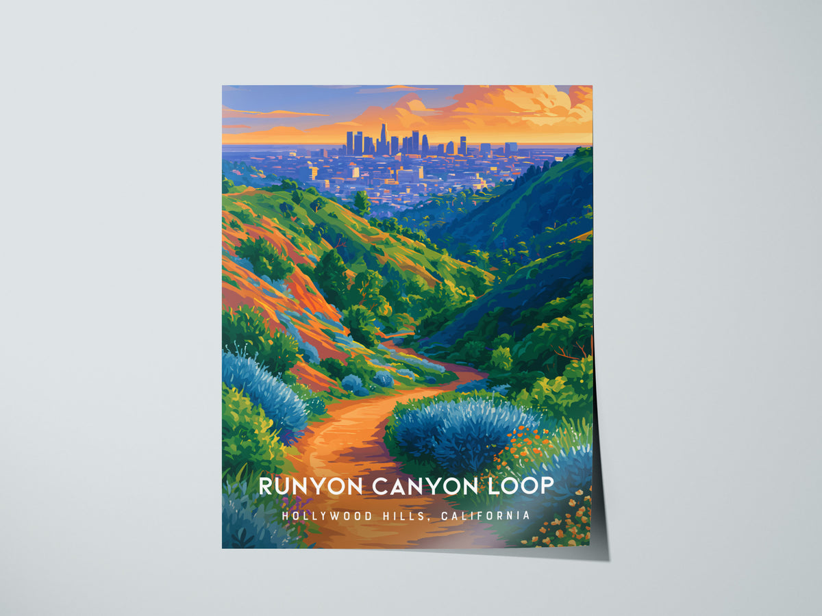 Runyon Canyon Loop, Hollywood Hills, California Poster | Hiking Trail & City Skyline Wall Art — giclée print detail on matte