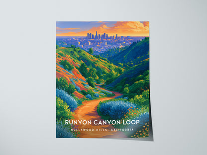 Runyon Canyon Loop, Hollywood Hills, California Poster | Hiking Trail & City Skyline Wall Art — giclée print detail on matte
