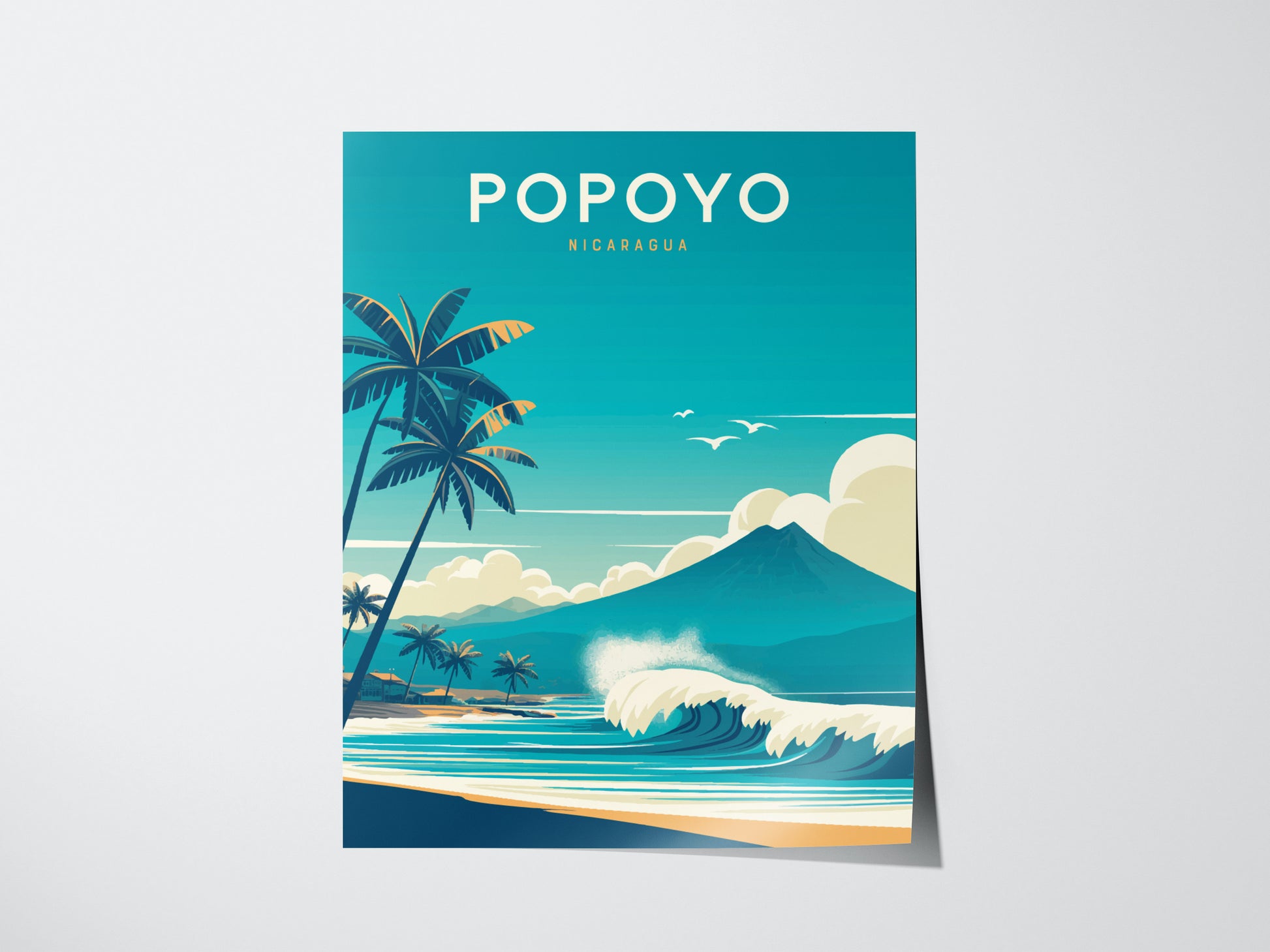Colorful poster depicting Popoyo, Nicaragua, featuring palm trees, ocean waves, and a mountain under a vibrant sky. The text Popoyo Nicaragua is prominently displayed at the top.