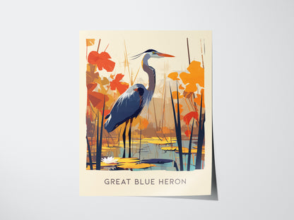 Illustrated poster of a Great Blue Heron standing in a colorful wetland, surrounded by vibrant orange and red foliage, with water lilies at its feet.