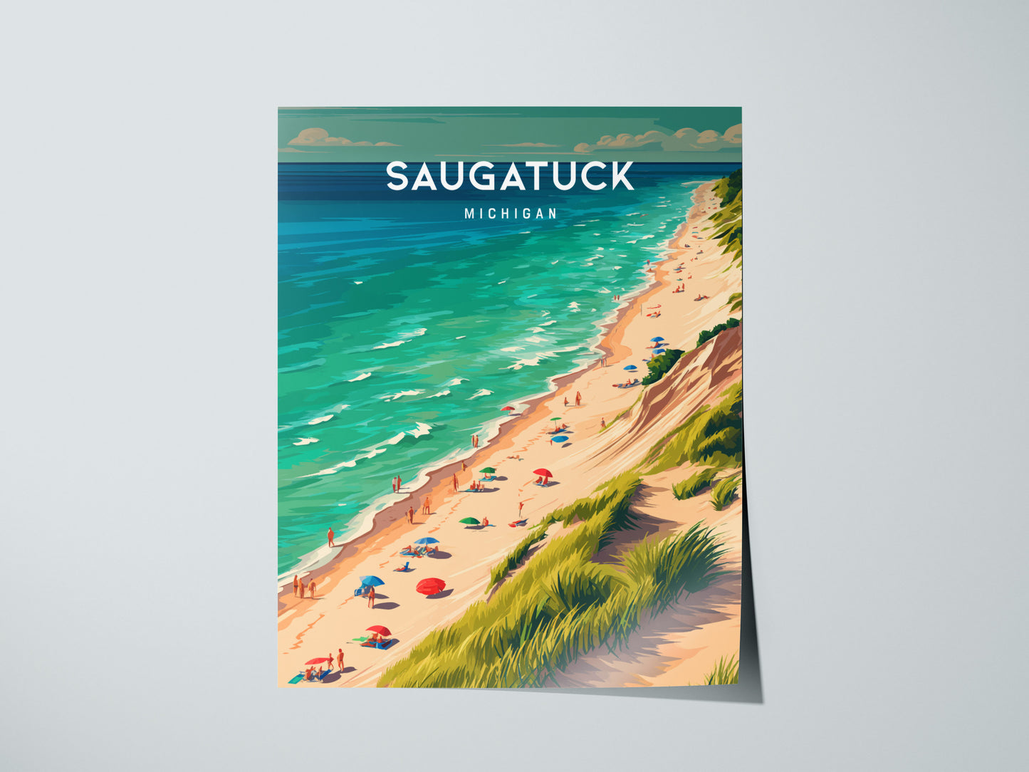 Saugatuck, Michigan Poster | Lakeside Dunes & Harbor Village Wall Art — giclée print detail on matte paper