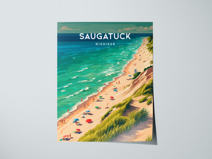 Saugatuck, Michigan Poster | Lakeside Dunes & Harbor Village Wall Art — giclée print detail on matte paper