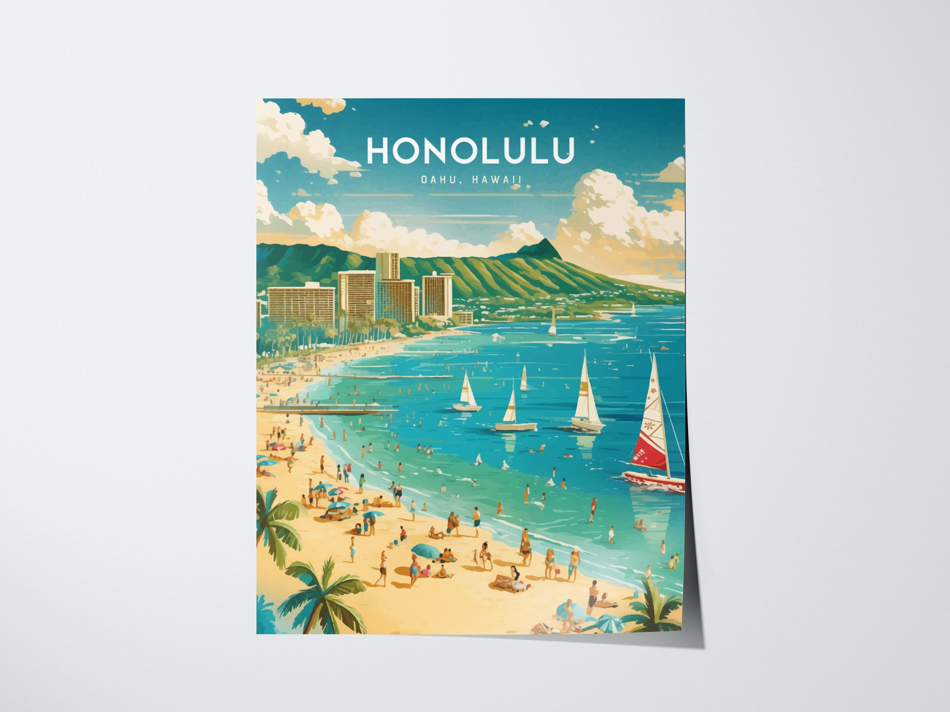 Honolulu Waikiki Poster | Diamond Head Oahu Skyline Wall Art