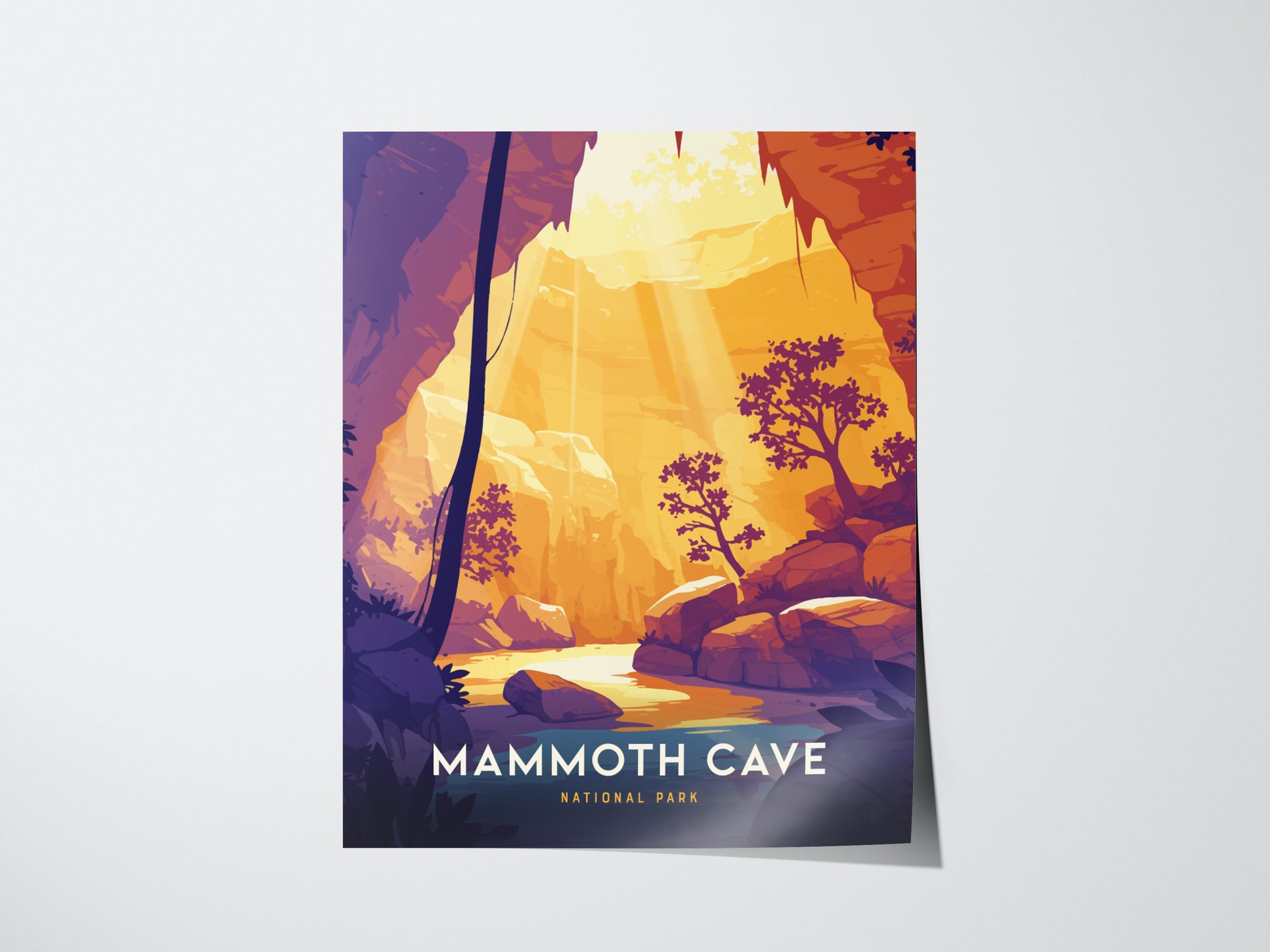 Illustrated Mammoth Cave poster featuring vibrant purple and orange hues, depicting sunlit cave walls, rocky formations, and silhouetted trees. Text reads Mammoth Cave National Park at the bottom.