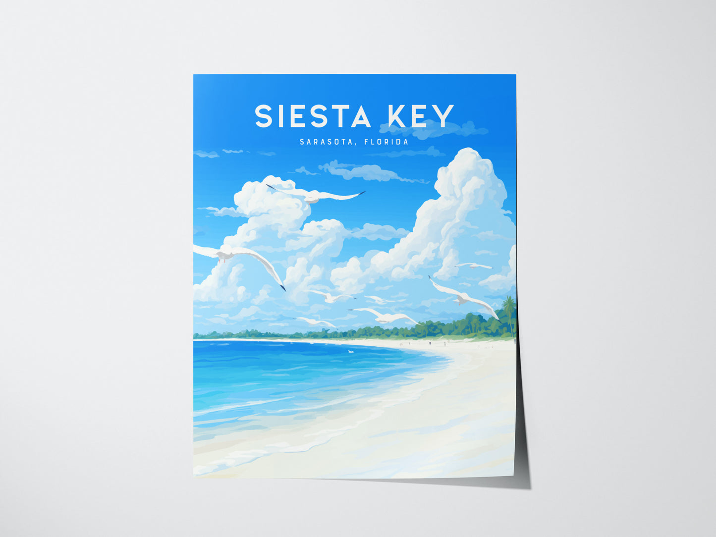 A vibrant poster of Siesta Key, Sarasota, Florida, showcasing a tranquil beach scene with white sand, turquoise waters, fluffy clouds, and seagulls soaring in a clear blue sky.