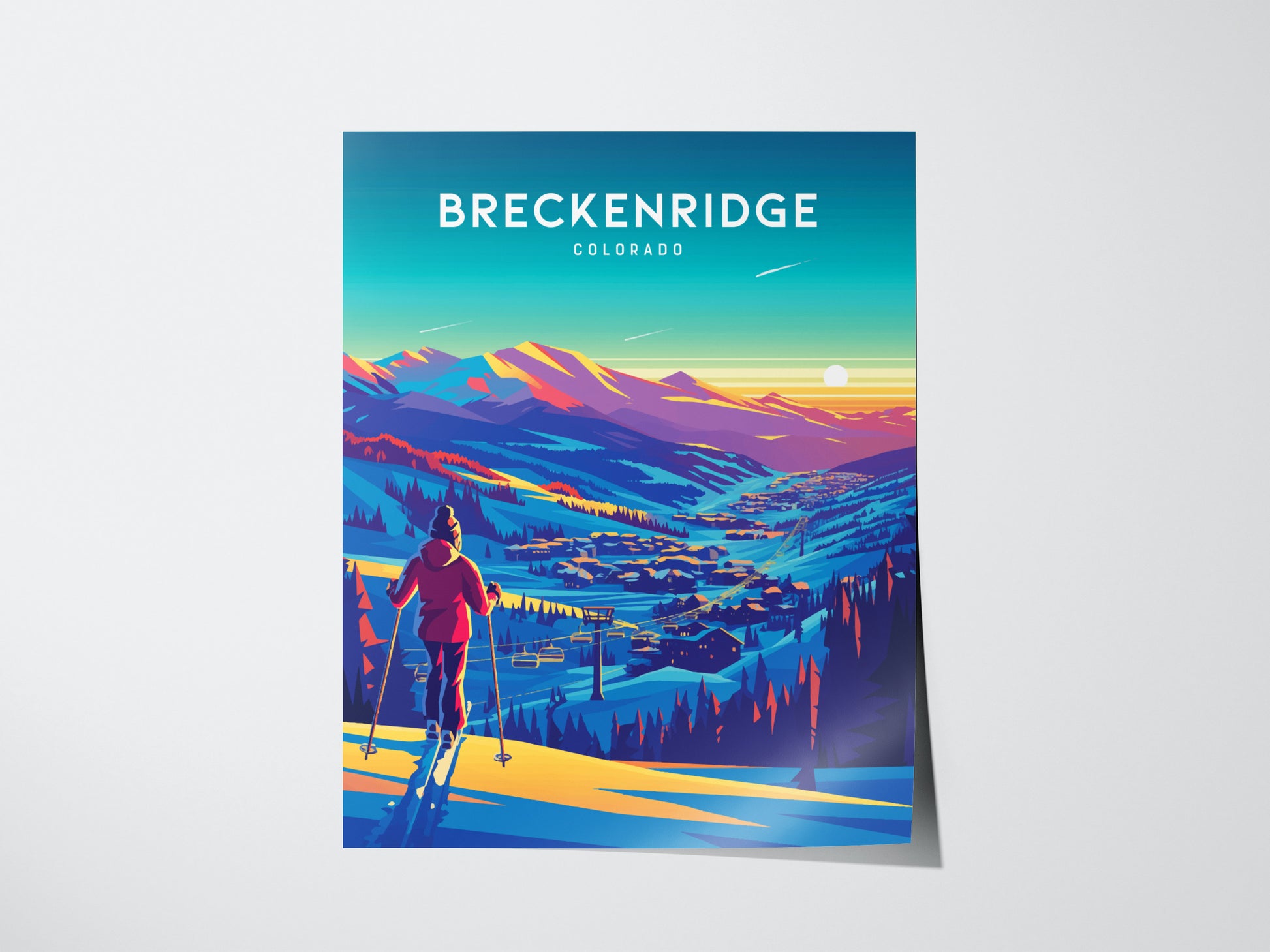 A colorful illustration depicts a skier overlooking a vibrant landscape of mountains and valleys under a sunset sky, with Breckenridge Colorado text at the top.