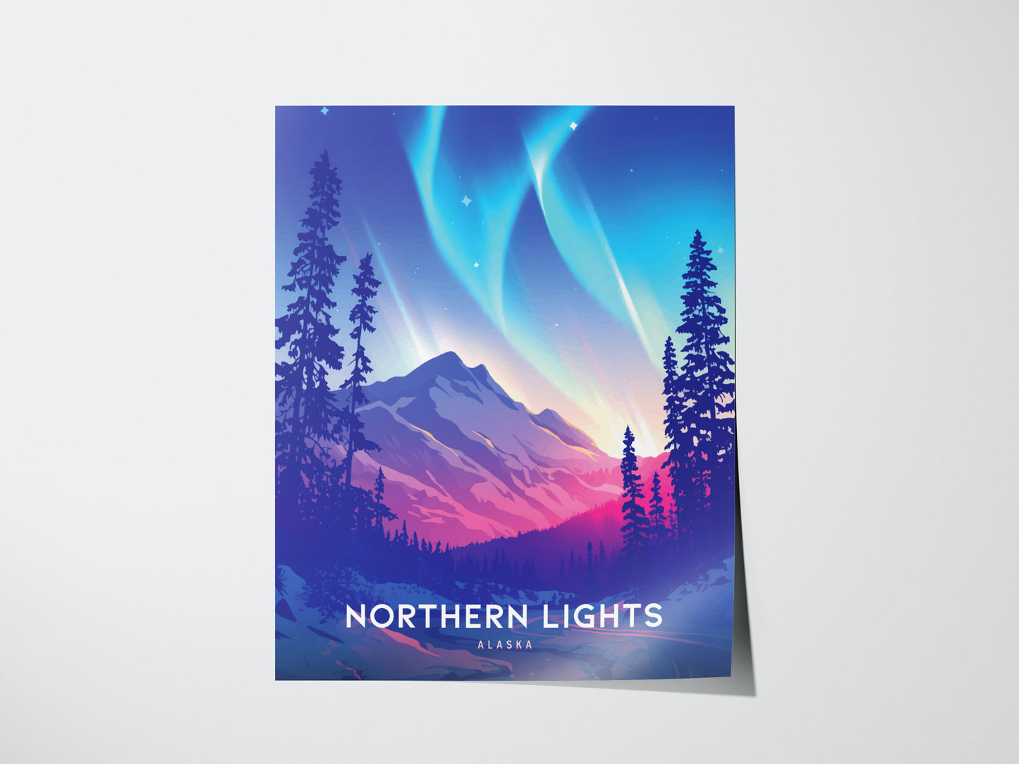 A vibrant poster depicts the Northern Lights over a mountainous landscape with tall pine trees, featuring hues of blue, green, and pink, titled Northern Lights Alaska.