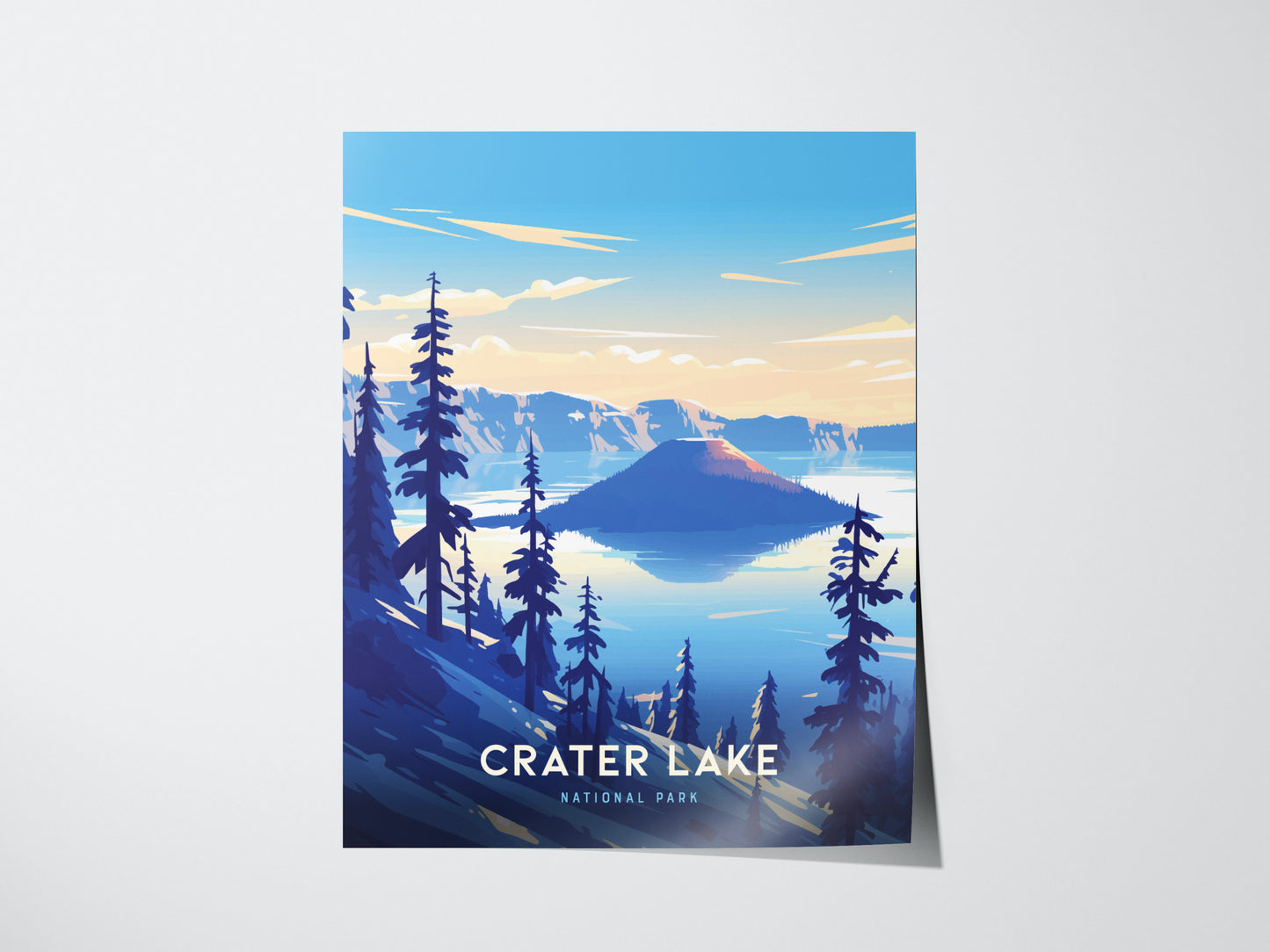 A colorful poster of Crater Lake National Park depicts a serene lake surrounded by pine trees and dramatic cliffs under a vibrant sky.