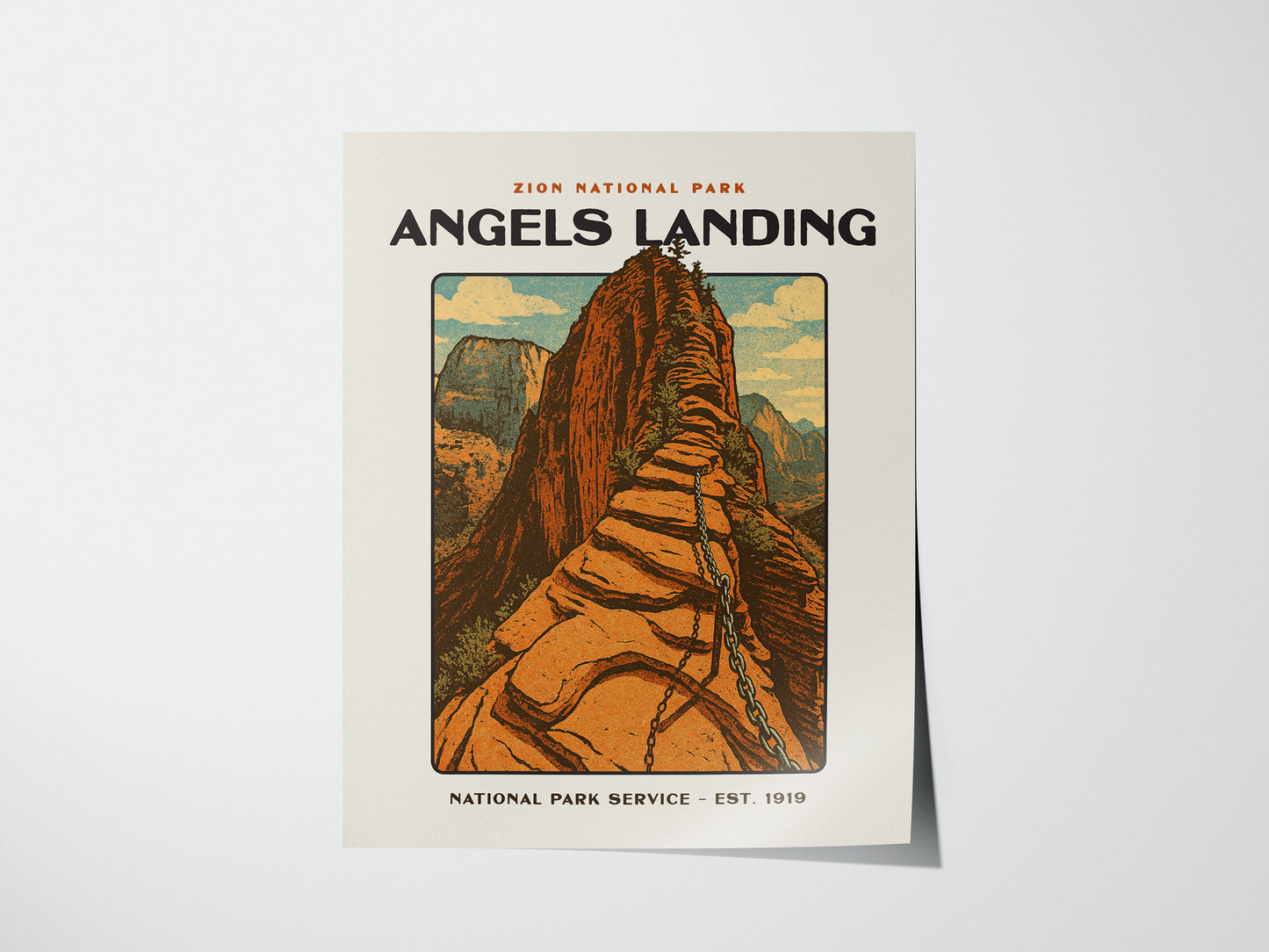 Vintage-style poster of Angels Landing in Zion National Park, featuring a steep sandstone path with chains, surrounded by canyon walls under a blue sky.