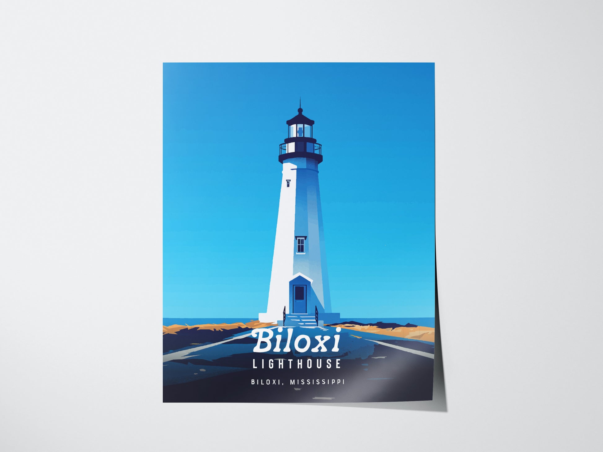 A poster features the Biloxi Lighthouse against a clear blue sky, with bold text reading Biloxi Lighthouse, Biloxi, Mississippi at the bottom. The design is minimal and vibrant.