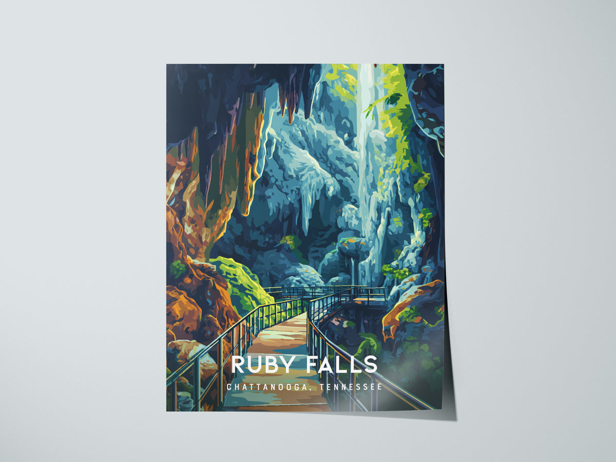 Ruby Falls, Chattanooga, Tennessee Poster | Underground Waterfall Travel Wall Art — giclée print detail on matte paper
