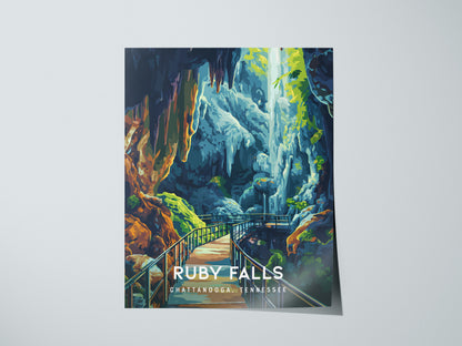Ruby Falls, Chattanooga, Tennessee Poster | Underground Waterfall Travel Wall Art — giclée print detail on matte paper
