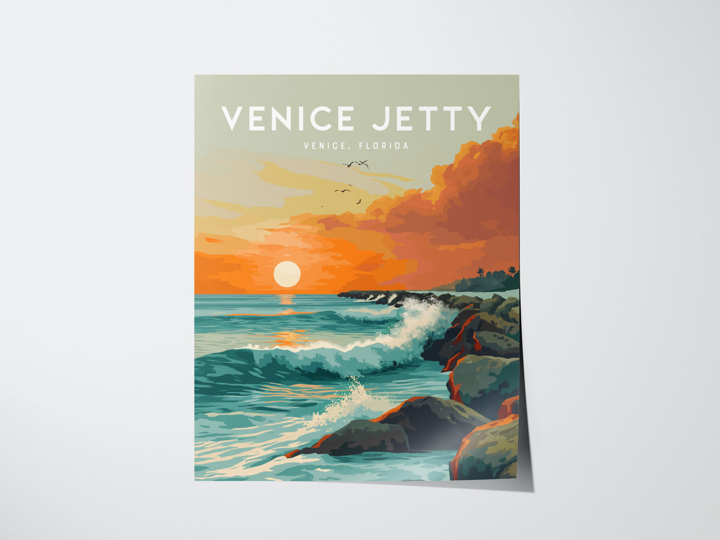Illustrated poster of Venice Jetty in Florida, showcasing waves crashing against a rocky jetty at sunset with an orange sky and birds flying above.