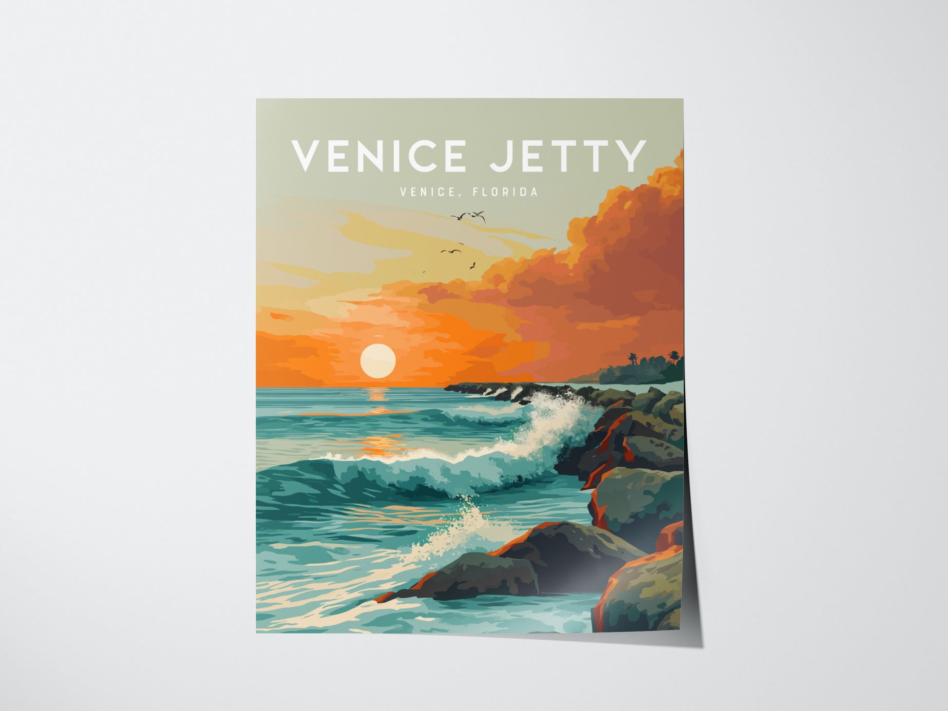 Illustrated poster of Venice Jetty in Florida, showcasing waves crashing against a rocky jetty at sunset with an orange sky and birds flying above.