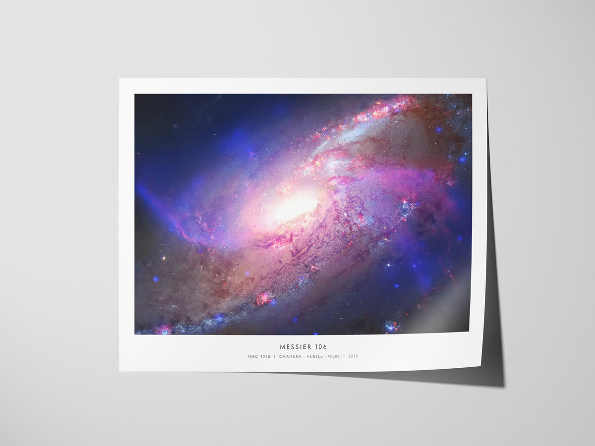 Messier 106 Landscape Poster | NGC 4258 Galaxy Wall Art NASA Space Photography — giclée print detail on matte paper