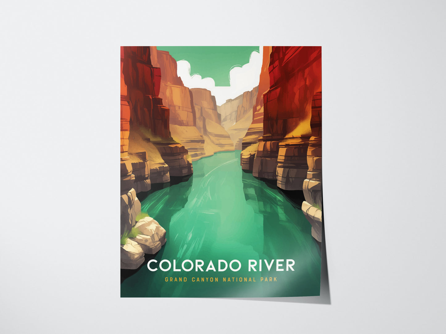 A vibrant poster depicts the Colorado River winding through the Grand Canyon, showcasing steep red and orange canyon walls under a bright sky.