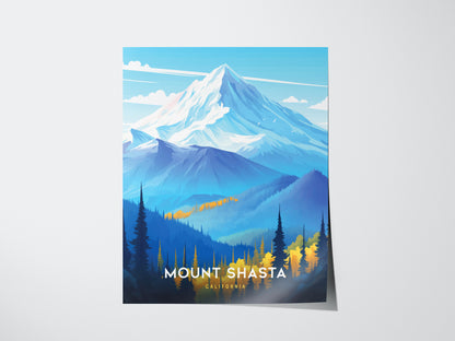A vibrant poster of Mount Shasta features a snow-capped peak, blue mountains, and forested foothills with golden trees, against a clear sky. Text reads Mount Shasta, California.