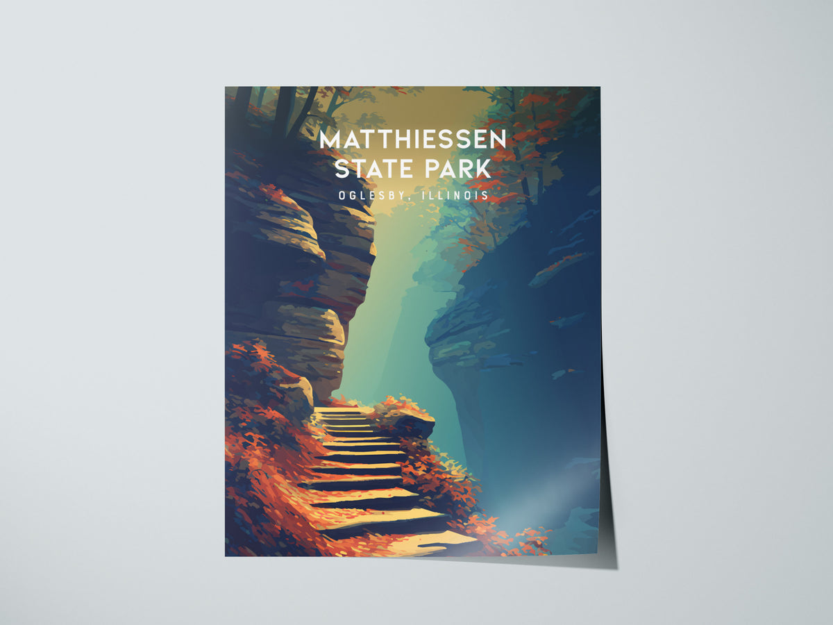Matthiessen State Park, Oglesby, Illinois Poster | Canyon Waterfalls & Lush Gorge Wall Art — giclée print detail on matte pap