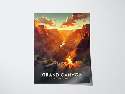 A vibrant poster depicting the Grand Canyon at sunset, showcasing dramatic cliffs and a glowing sky. Text reads Grand Canyon National Park at the bottom.