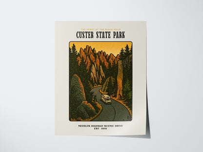 Custer State Park Vintage Poster – Needles Highway, South Dakota Print, Scenic Drive Art, Framed or Unframed, Great Gift for Travelers - Swell Scenes