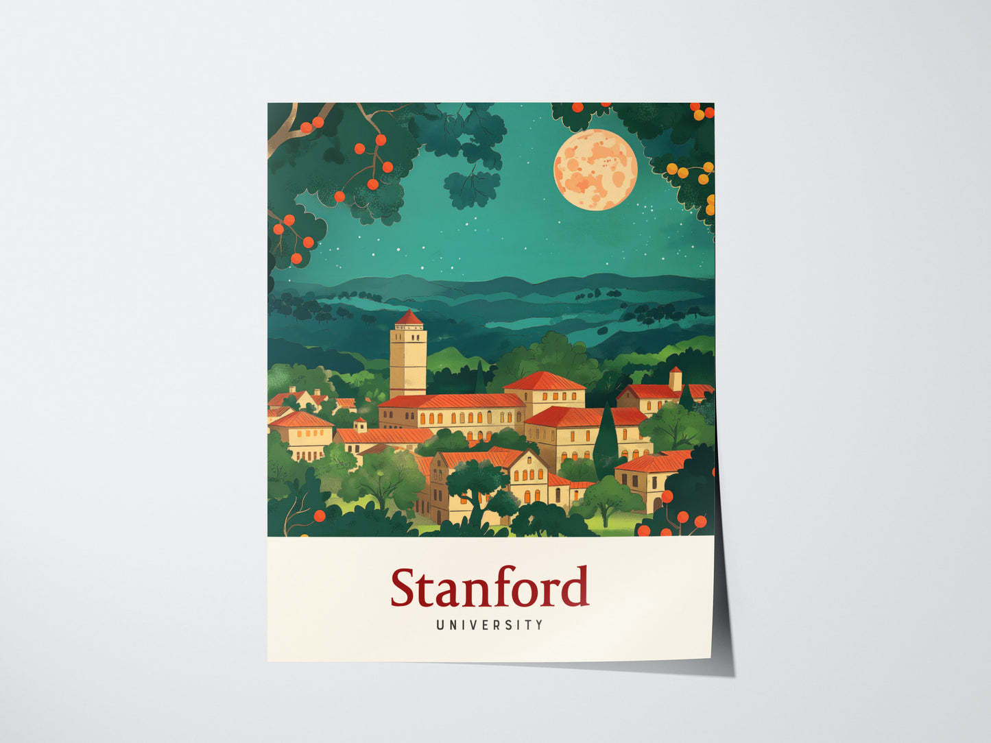 A vibrant illustration of Stanford University features red-roofed buildings nestled among green foliage, with a full moon and starry night sky above. The word Stanford is displayed below.