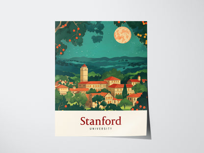 A vibrant illustration of Stanford University features red-roofed buildings nestled among green foliage, with a full moon and starry night sky above. The word Stanford is displayed below.