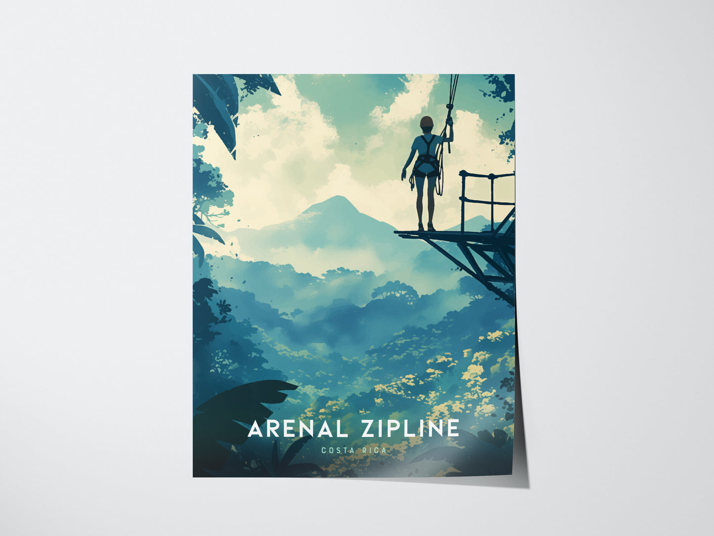 A person stands on a zipline platform overlooking a lush rainforest with Arenal Volcano in the background, under a vibrant sky. The text reads Arenal Zipline Costa Rica.