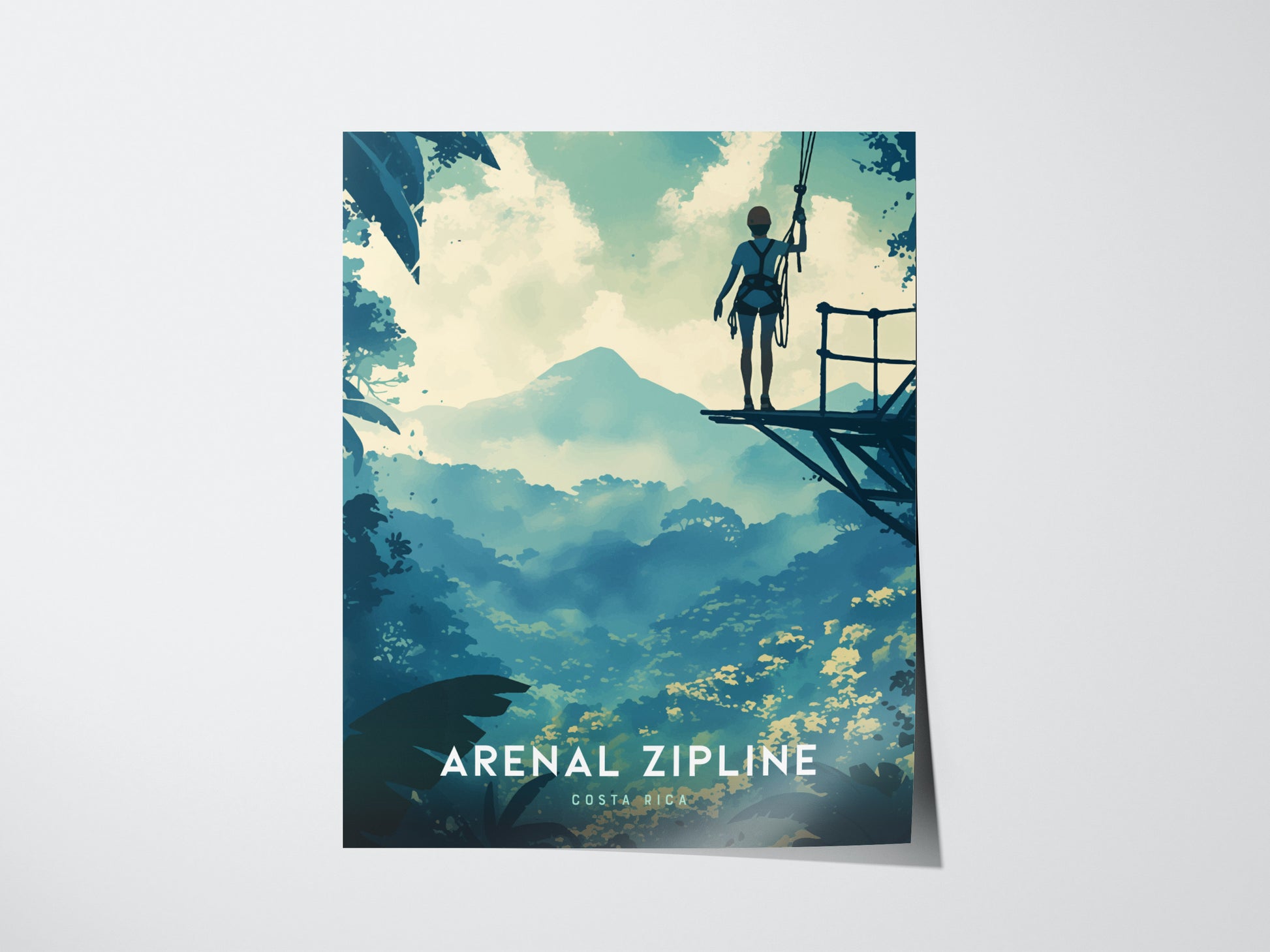 A person stands on a zipline platform overlooking a lush rainforest with Arenal Volcano in the background, under a vibrant sky. The text reads Arenal Zipline Costa Rica.