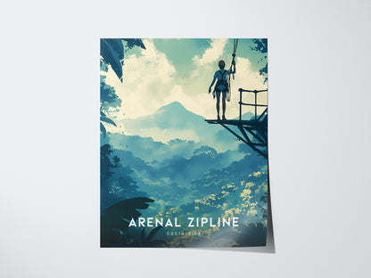 A person stands on a zipline platform overlooking a lush rainforest with Arenal Volcano in the background, under a vibrant sky. The text reads Arenal Zipline Costa Rica.