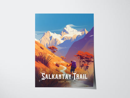 A vibrant poster of the Salkantay Trail features a hiker with a backpack on a path amidst colorful Andean mountains and foliage, with snow-capped peaks in the background.
