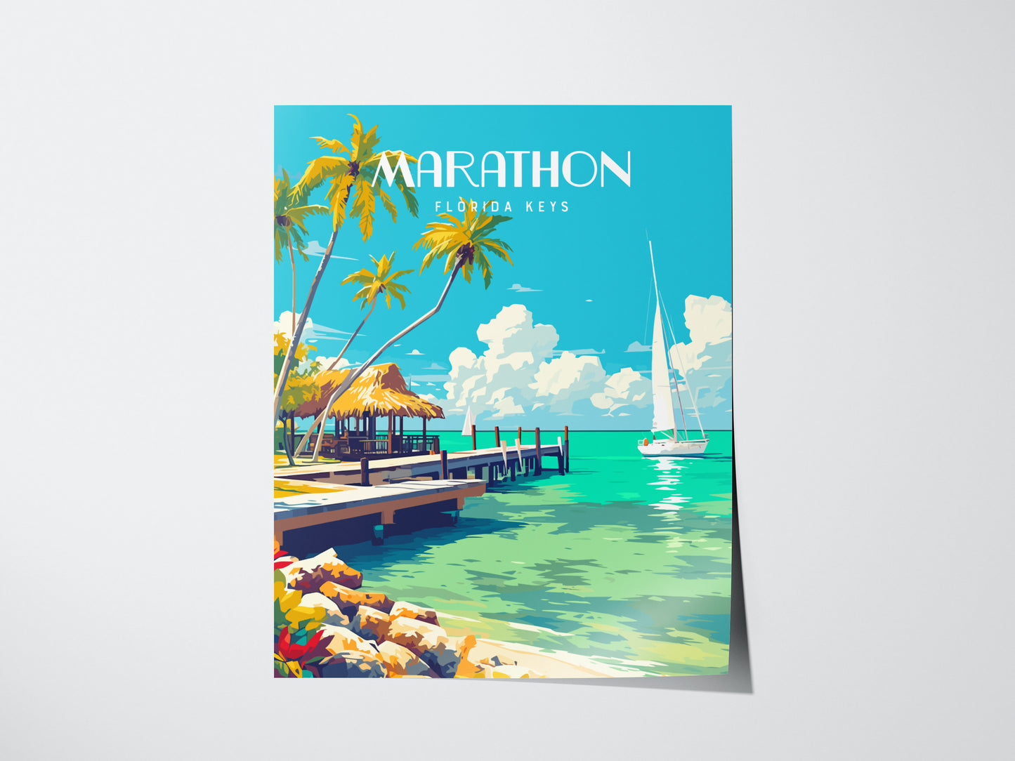A vibrant poster depicting Marathon, Florida Keys, with palm trees, a thatched hut, a wooden pier, and a sailboat on turquoise waters under a bright blue sky.