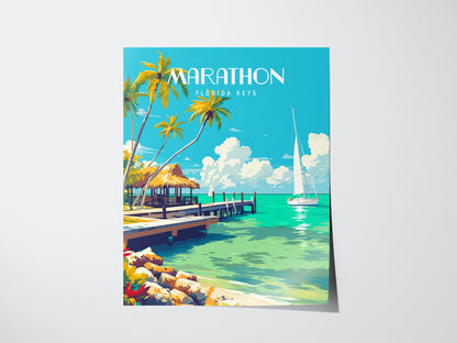 A vibrant poster depicting Marathon, Florida Keys, with palm trees, a thatched hut, a wooden pier, and a sailboat on turquoise waters under a bright blue sky.