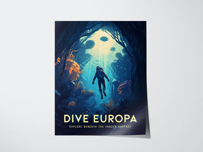 Dive Europa Poster | Jupiter Moon Space Exploration Wall Art | Framed or Unframed