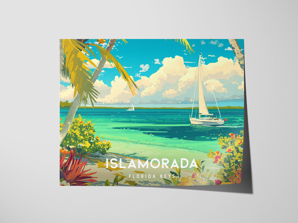 Islamorada, Florida Keys Poster | Landscape Coastal Decor Tiki & Palms Wall Art — giclée print detail on matte paper