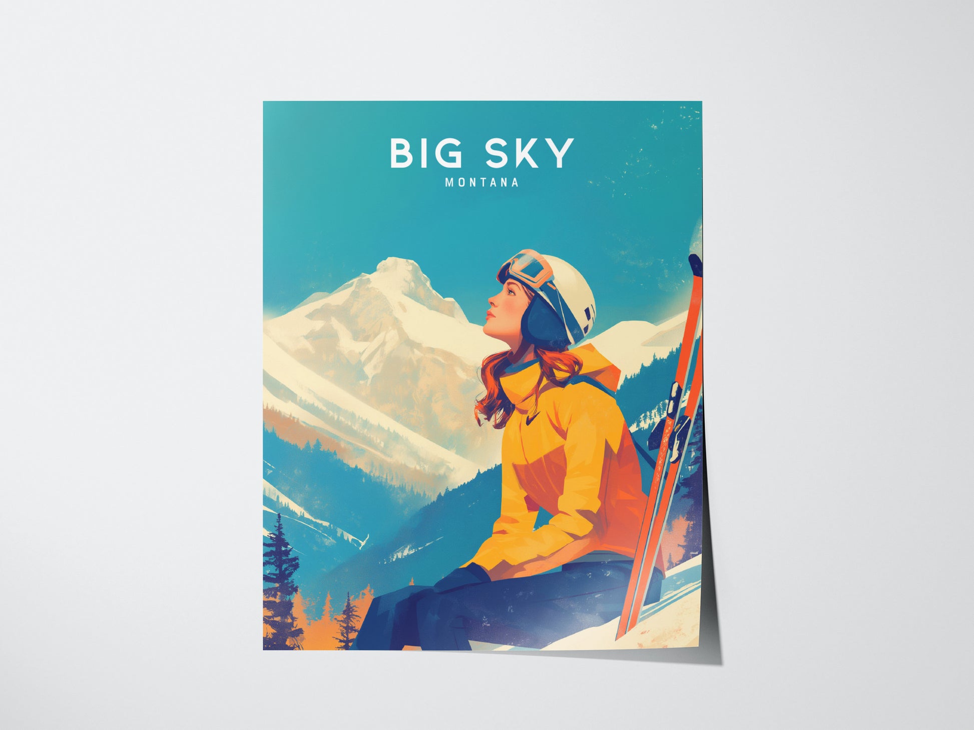 A woman in a yellow jacket and helmet sits with skis against a snowy mountain backdrop under a blue sky, titled Big Sky Montana.