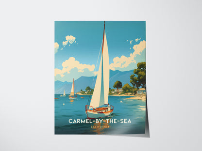 Illustrated poster of Carmel-by-the-Sea, depicting a sailboat on tranquil blue waters with trees and mountains in the background under a bright, cloud-dotted sky.