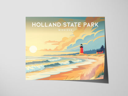 Holland State Park Landscape, Michigan Poster | Big Red Lighthouse Destination Print Wall Art — giclée print detail on matte
